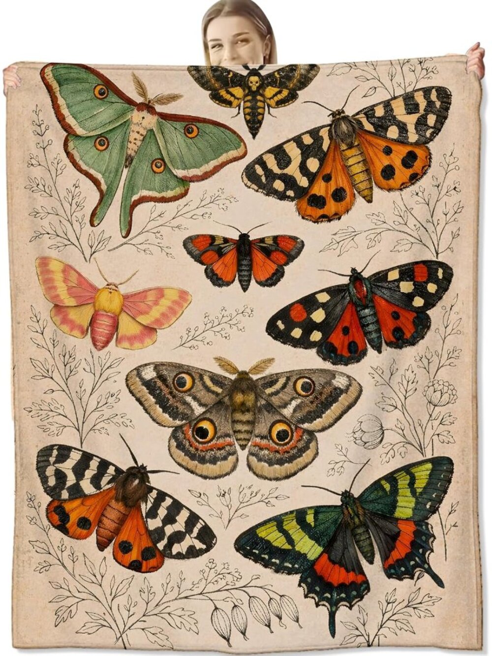 Moth Blanket for Insect Lovers and Vintage Art Fans, Retro Botanical Flannel Bla